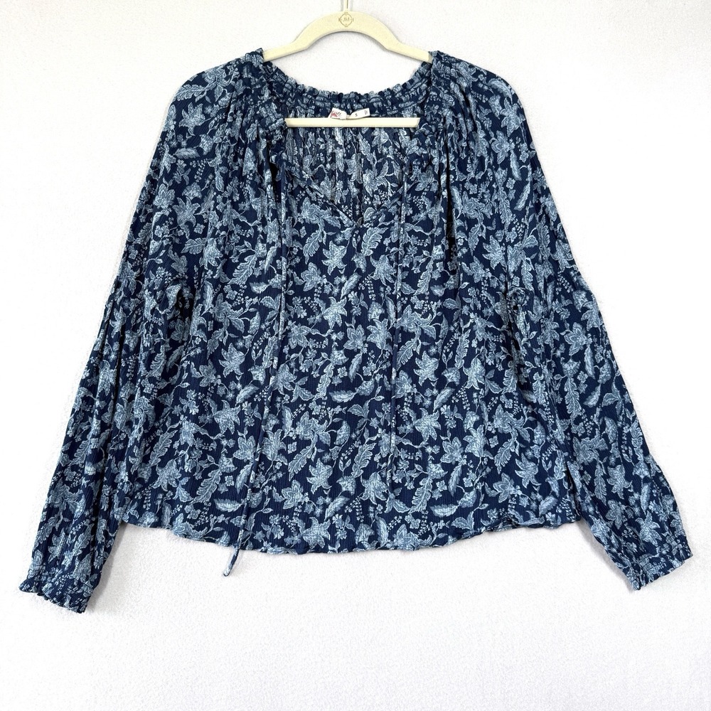 Faherty Top Womens Small Emery Blouse Blue Esna Floral Peasant Relaxed Smocked - Picture 1 of 11